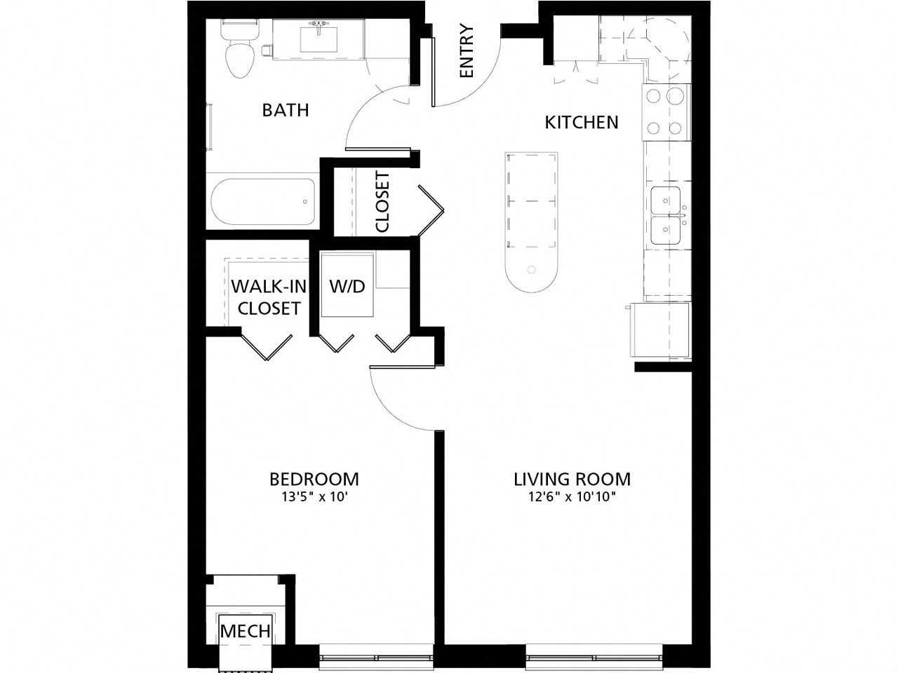 Floor plan for 1 bed, 1 bath, 611 sqft